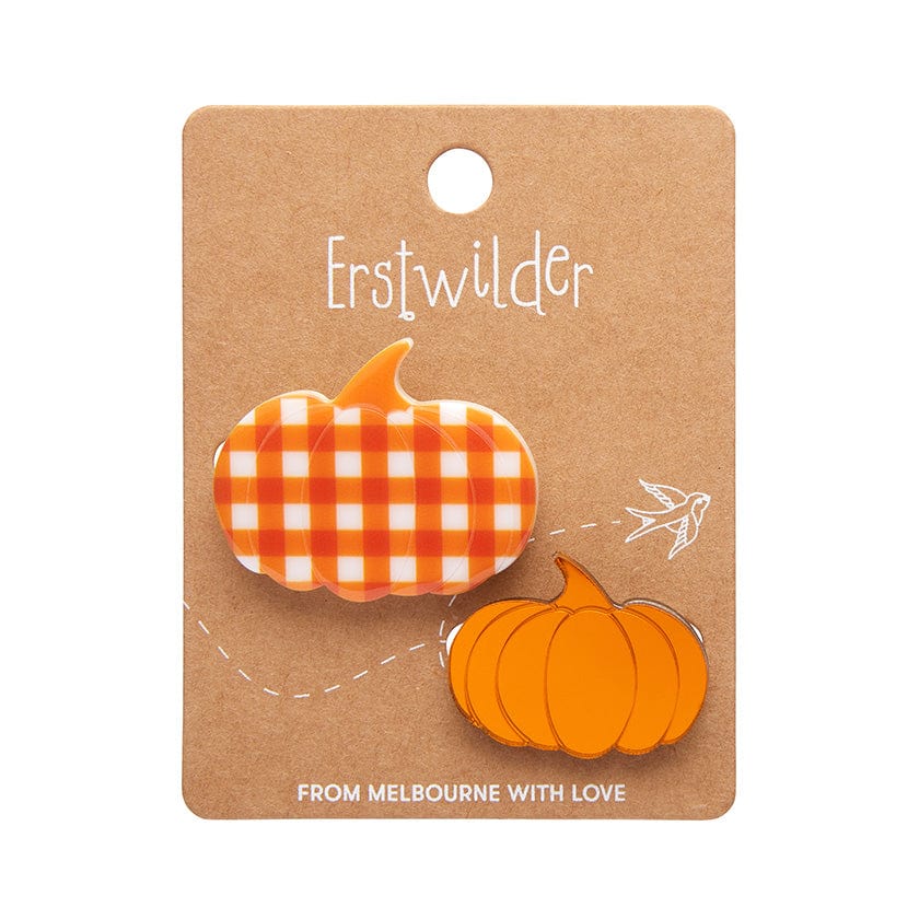 Pumpkin Patch Mini Brooch Set - Orange & Orange Gingham - Erstwilder - Quirky Resin and Enamel Accessories