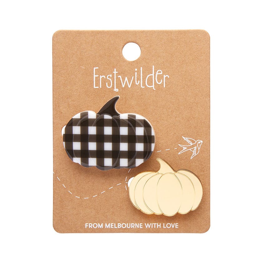 Pumpkin Patch Mini Brooch Set - Gold & Black Gingham - Erstwilder - Quirky Resin and Enamel Accessories